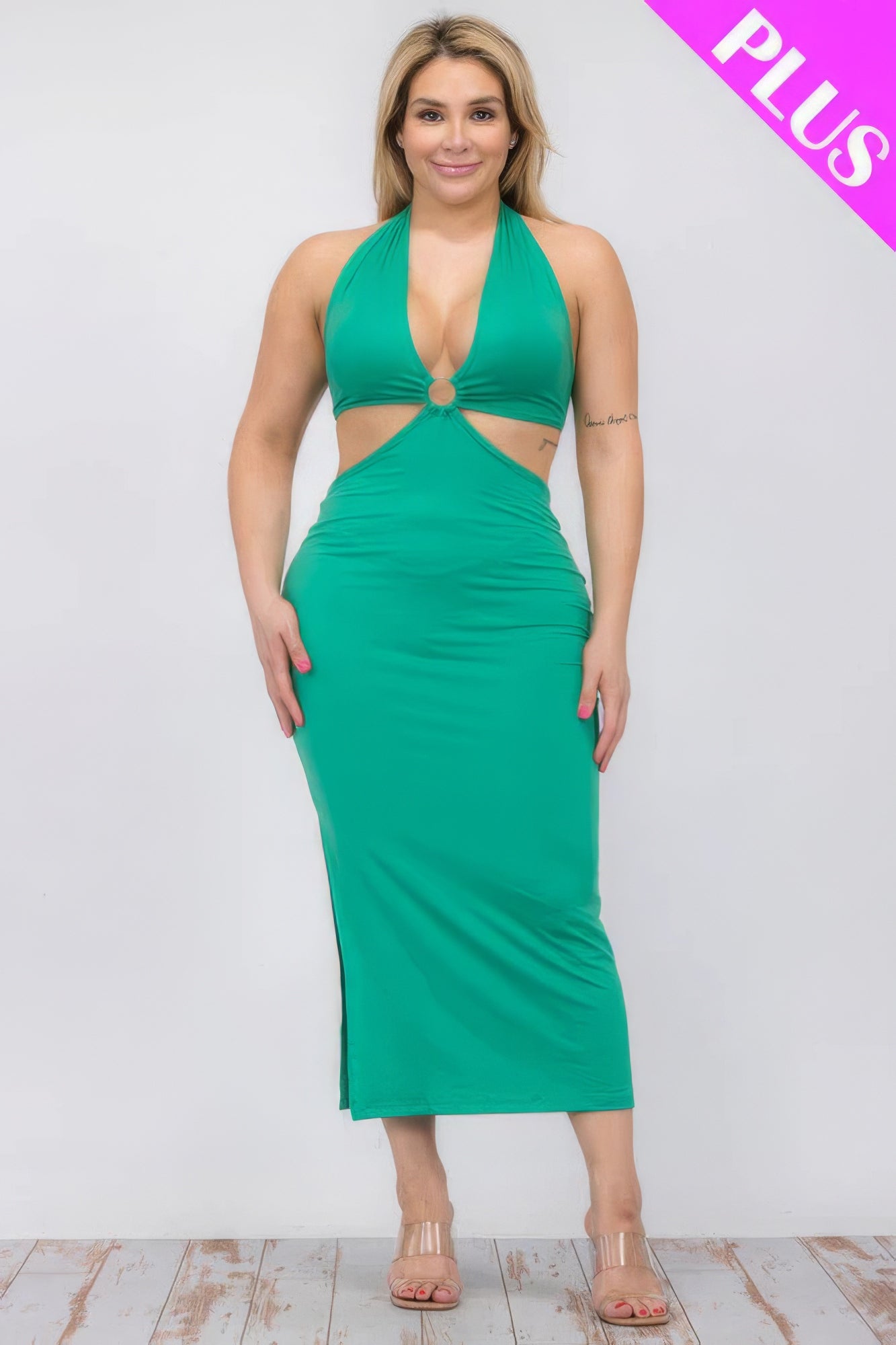 Women Plus Size Cut-out Halter Neck Double Back Tie Split Thigh Midi Dress | Zarnesh