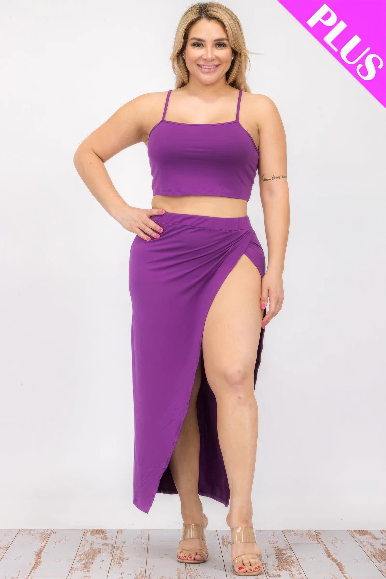 Women Plus Size Crop Cami & Split Thigh Maxi Skirt Set - Purple | Zarnesh