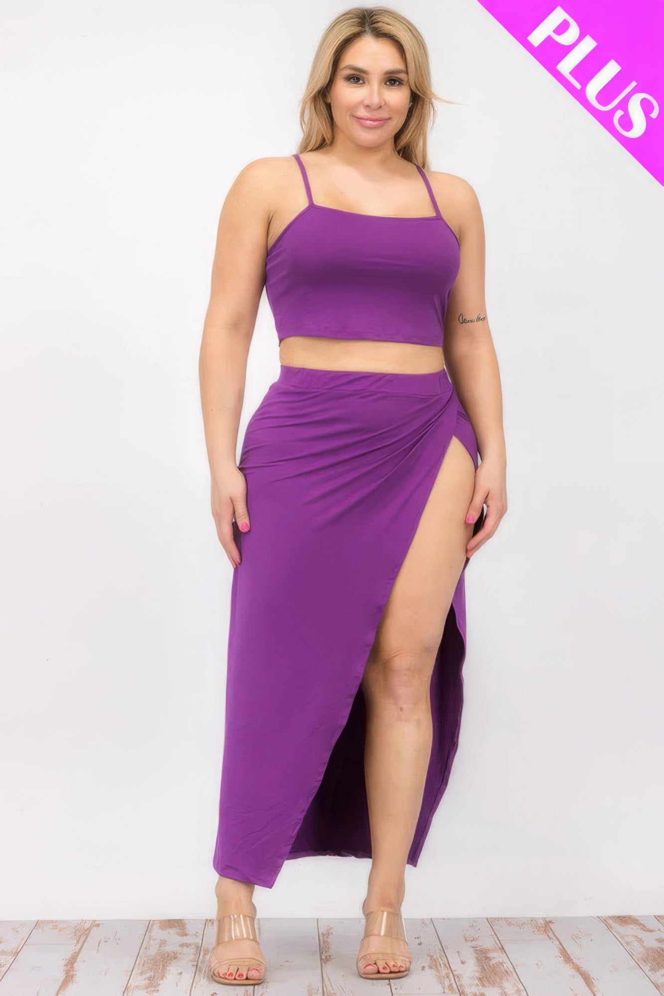 Women Plus Size Crop Cami & Split Thigh Maxi Skirt Set - Purple | Zarnesh