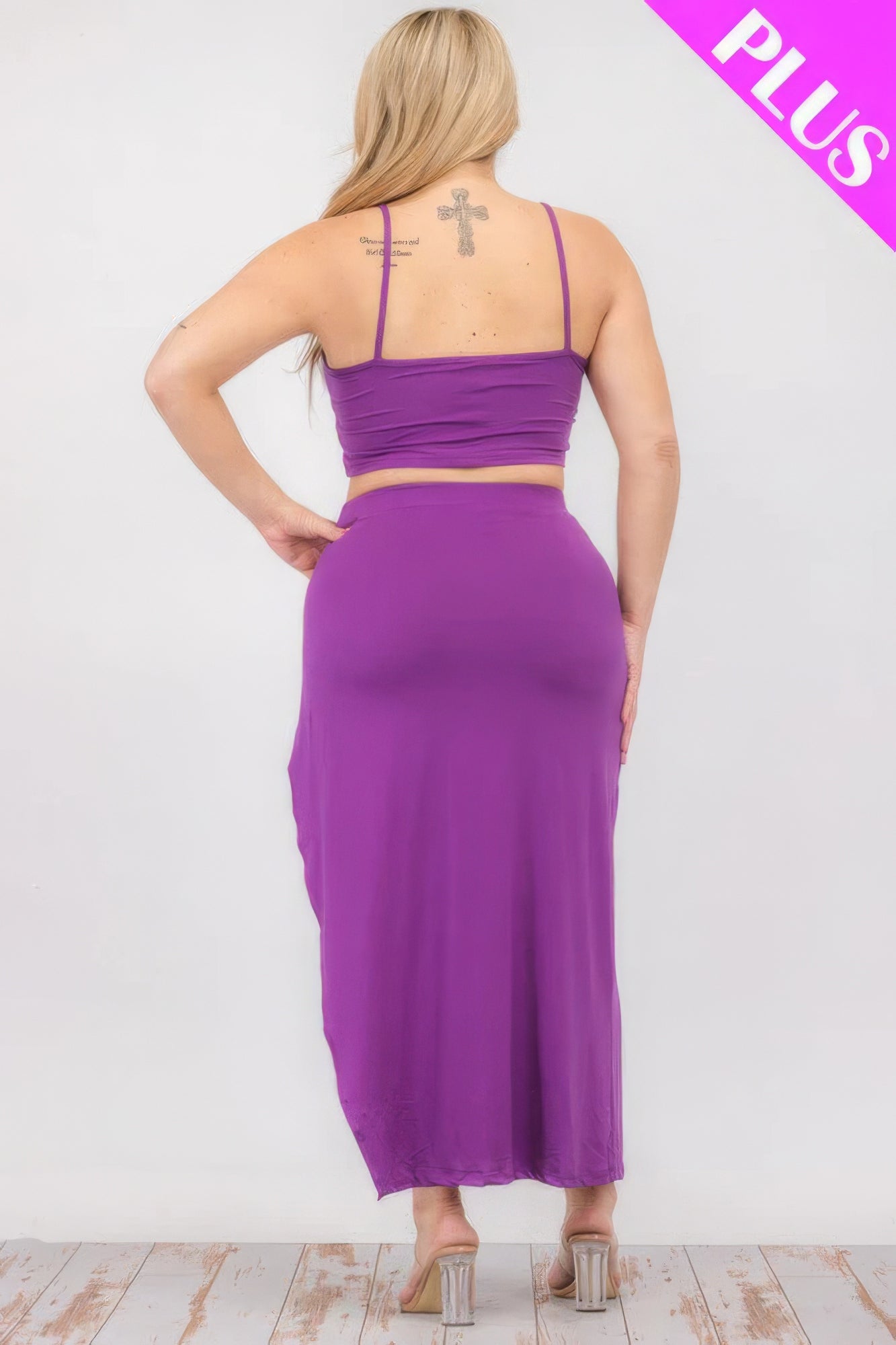 Women Plus Size Crop Cami & Split Thigh Maxi Skirt Set - Purple | Zarnesh