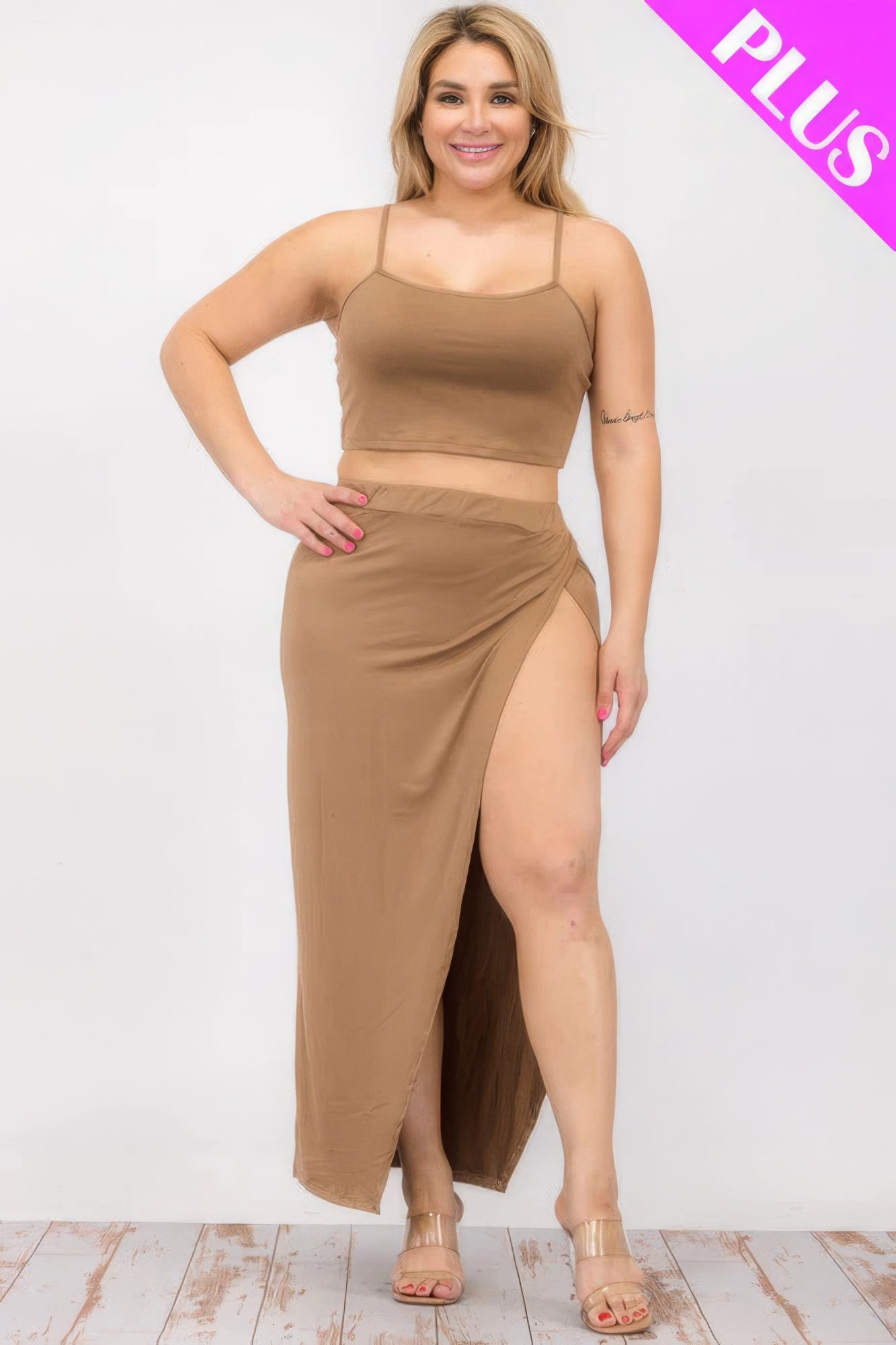 Women Plus Size Crop Cami & Split Thigh Maxi Skirt Set - Mocha | Zarnesh