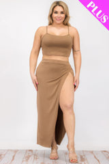 Women Plus Size Crop Cami & Split Thigh Maxi Skirt Set - Mocha | Zarnesh