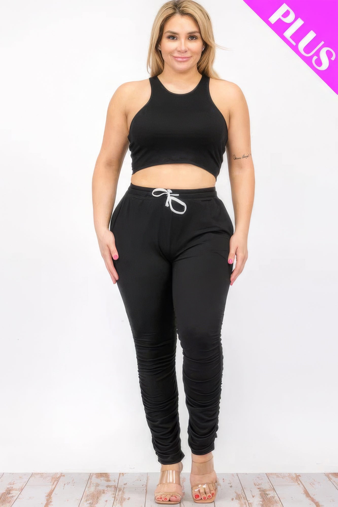 Women Plus Size Crop Tank Top & Ruched Pants Set - Black | Zarnesh