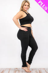 Women Plus Size Crop Tank Top & Ruched Pants Set - Black | Zarnesh