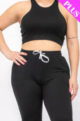 Women Plus Size Crop Tank Top & Ruched Pants Set - Black | Zarnesh