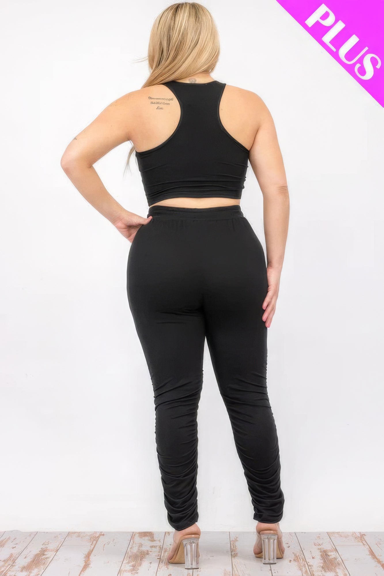 Women Plus Size Crop Tank Top & Ruched Pants Set - Black | Zarnesh