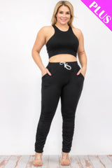 Women Plus Size Crop Tank Top & Ruched Pants Set - Black | Zarnesh