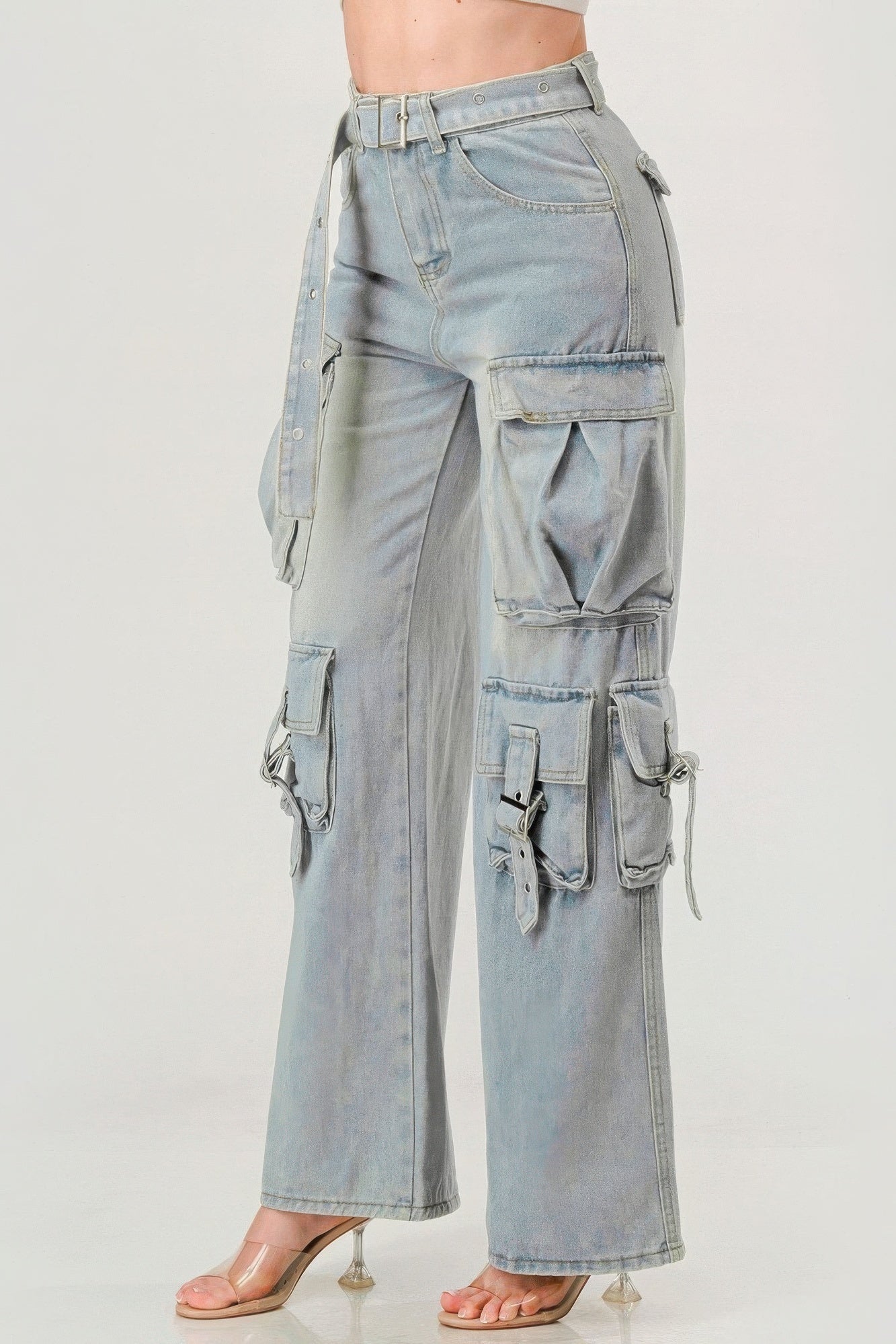 Women Belted Denim Cargo Jeans zarnesh.com