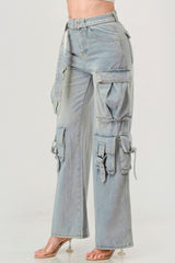 Women Belted Denim Cargo Jeans zarnesh.com