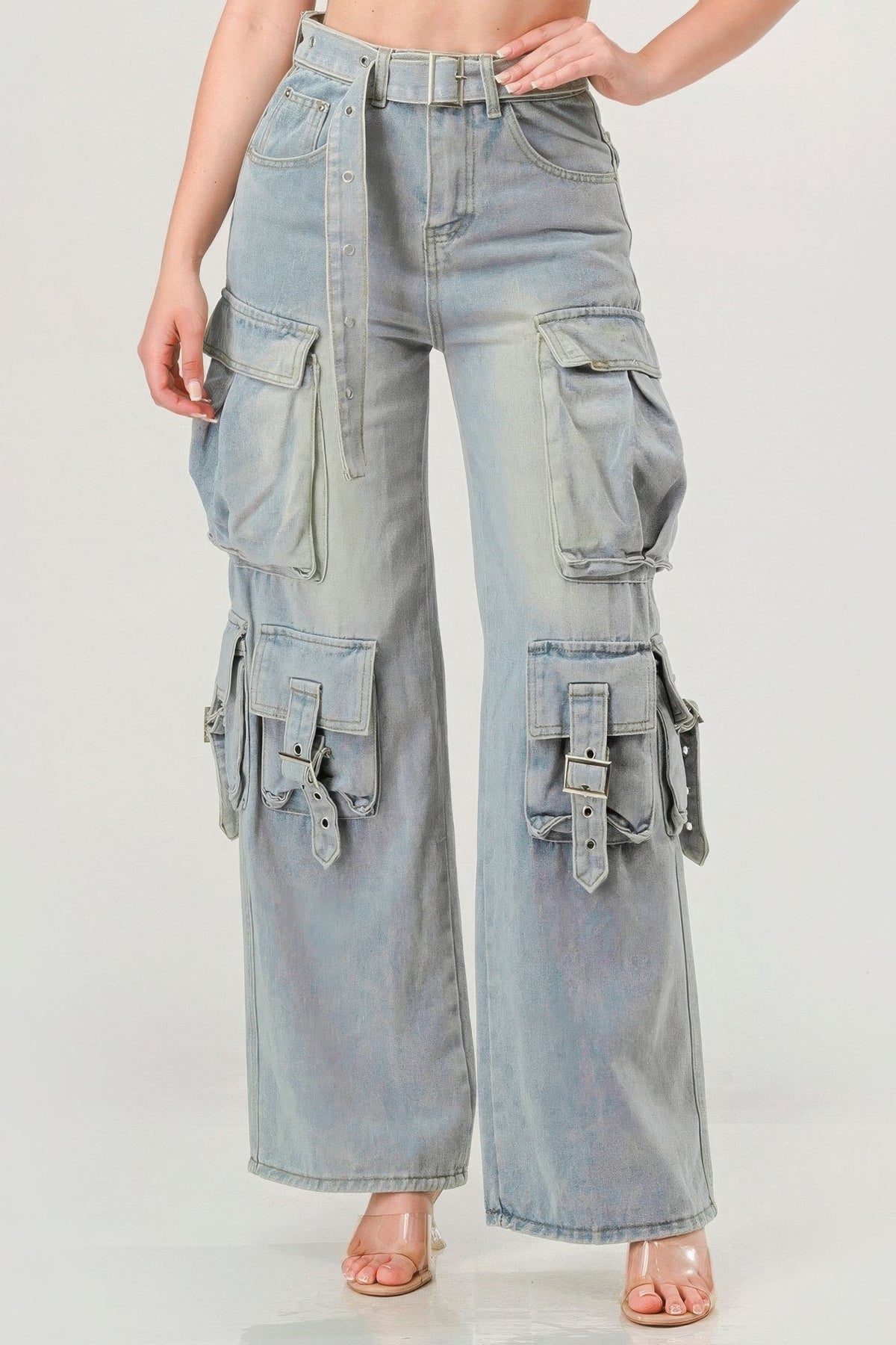 Women Belted Denim Cargo Jeans zarnesh.com