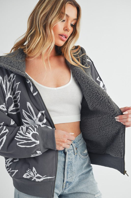 Women’s Oita Flower Print Zip Up Sherpa Hoodie Jacket | Zarnesh