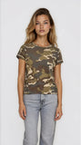 Woman wearing a camouflage t-shirt and light blue jeans on a white background