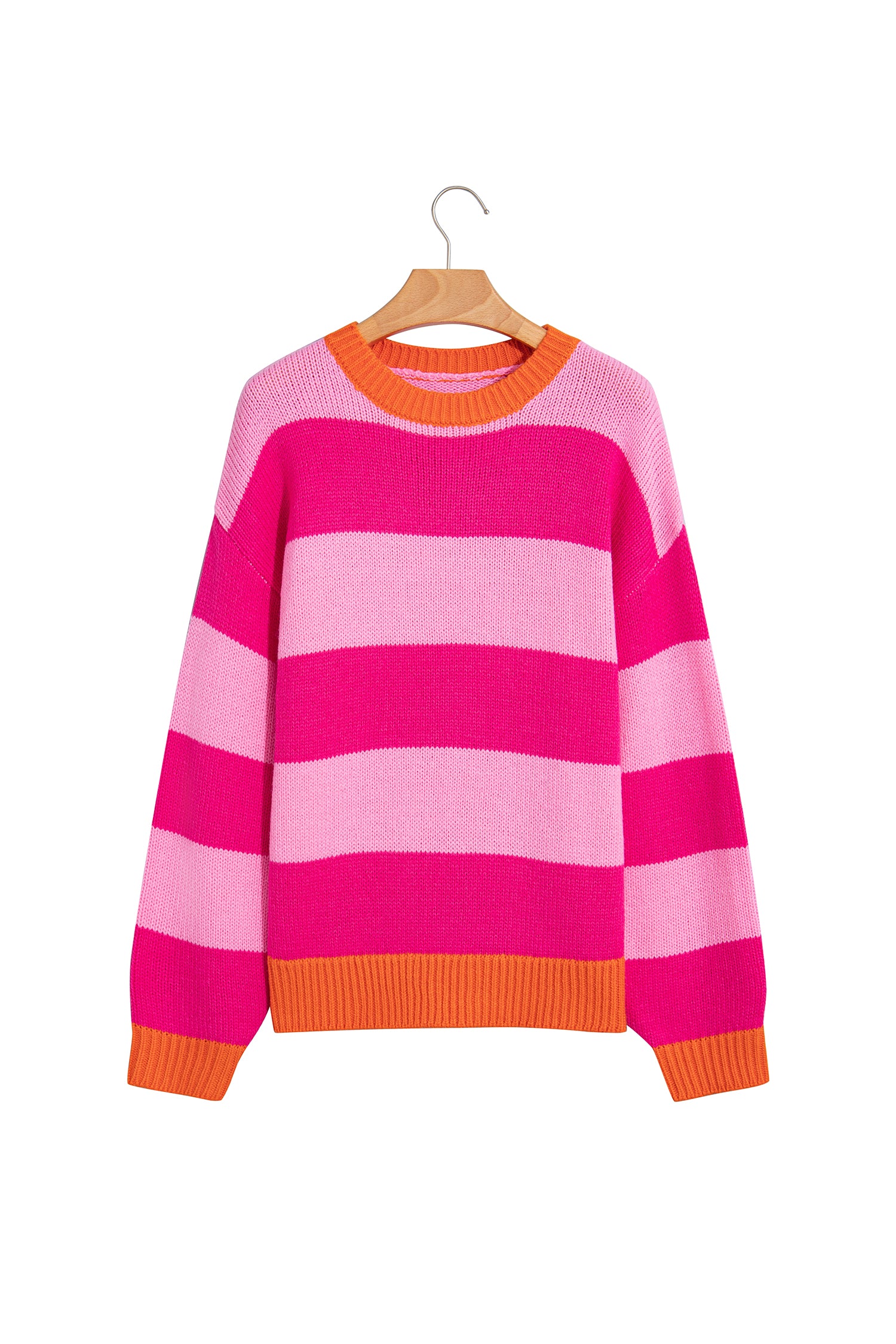 A pink and light pink striped knit sweater with orange ribbed trim, hanging on a wooden hanger against a plain white background.