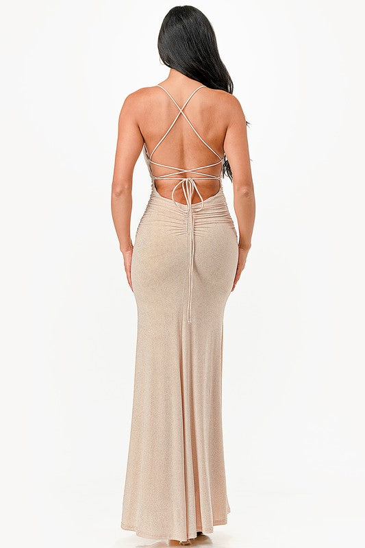 Women Glittered Mermaid Dress Sleeveless Lace Up Back Slit Zarnesh