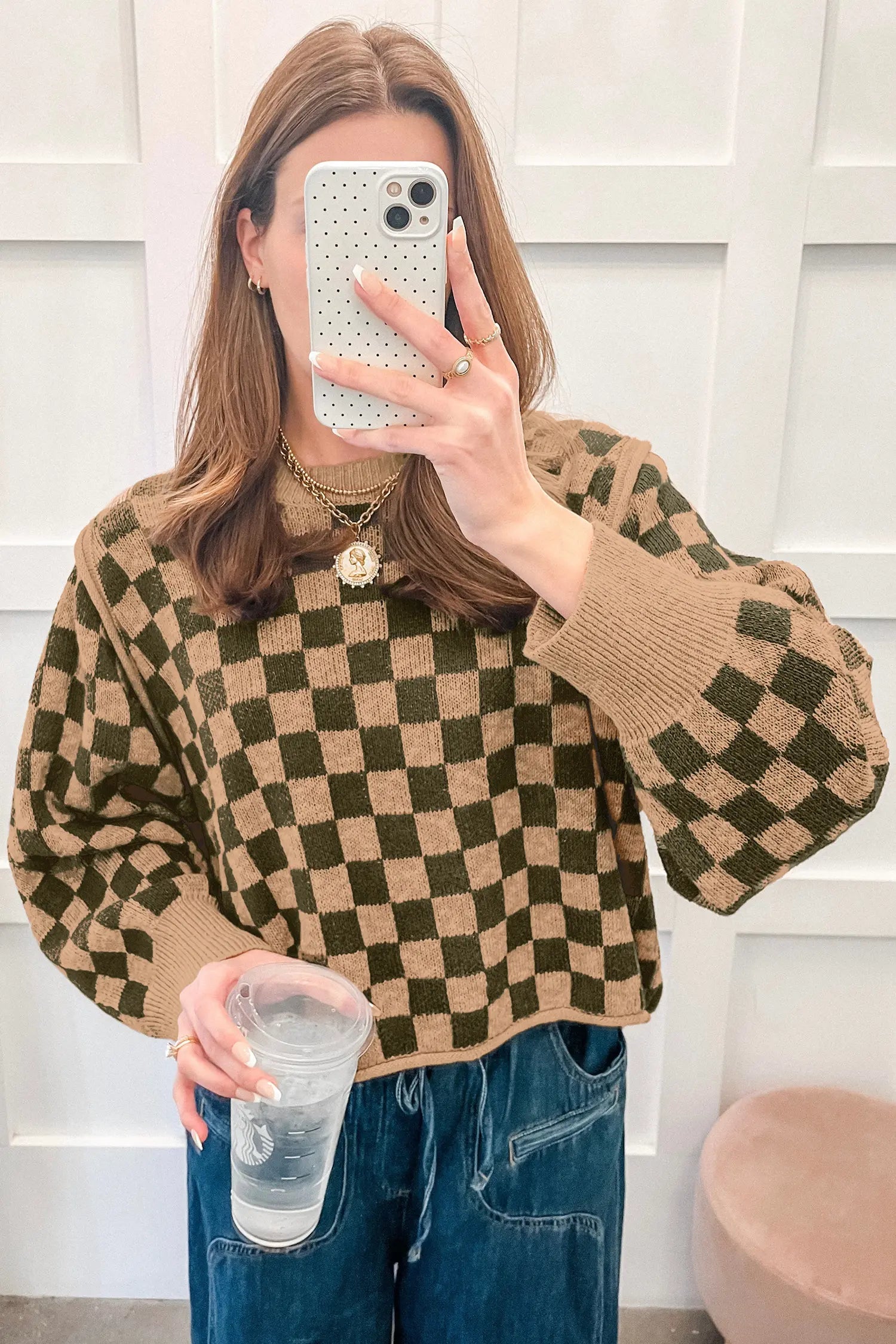 Checkerboard Crew Neck Balloon Sleeve Sweater | Zarnesh