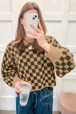 Checkerboard Crew Neck Balloon Sleeve Sweater | Zarnesh