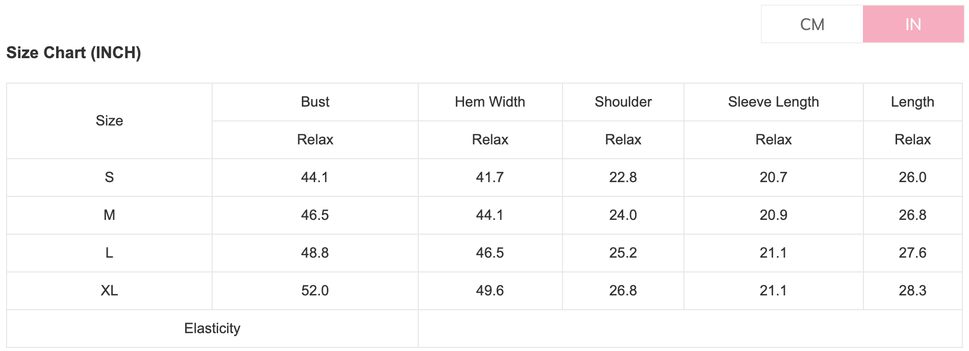 Size chart for clothing measurements in inches and centimeters