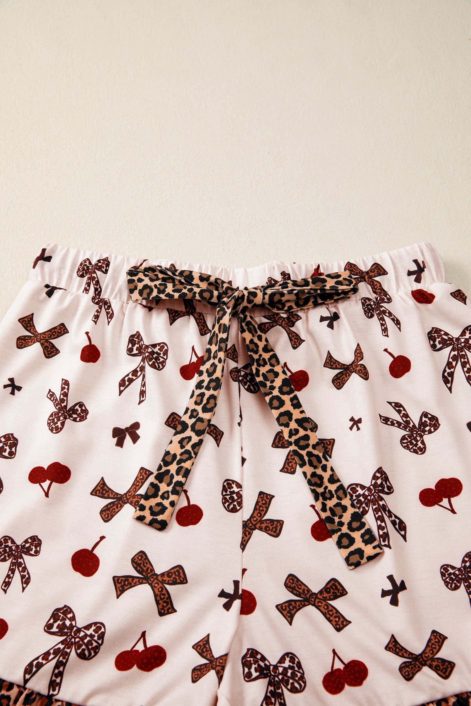 Cherry Bow Leopard Trim Short Sleeve Pajama Set | Zarnesh