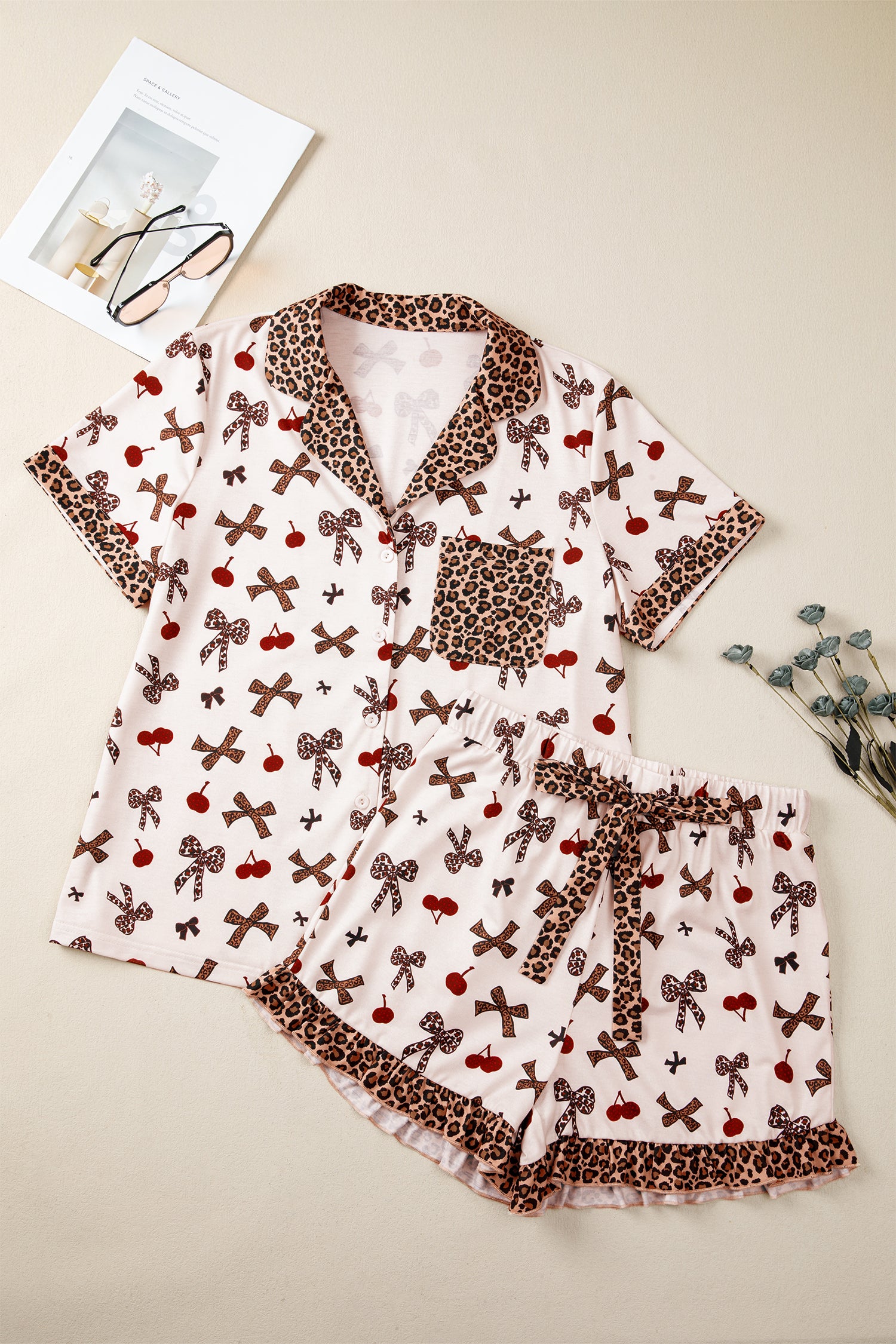 Cherry Bow Leopard Trim Short Sleeve Pajama Set | Zarnesh