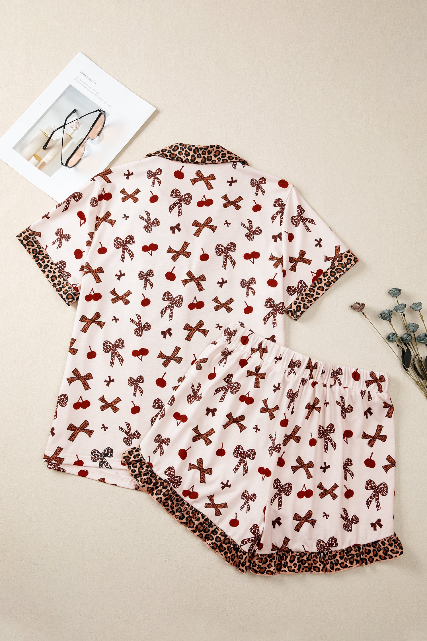 Cherry Bow Leopard Trim Short Sleeve Pajama Set | Zarnesh