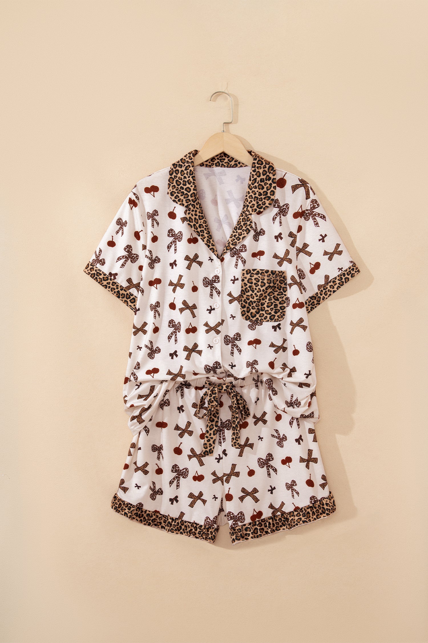 Cherry Bow Leopard Trim Short Sleeve Pajama Set | Zarnesh