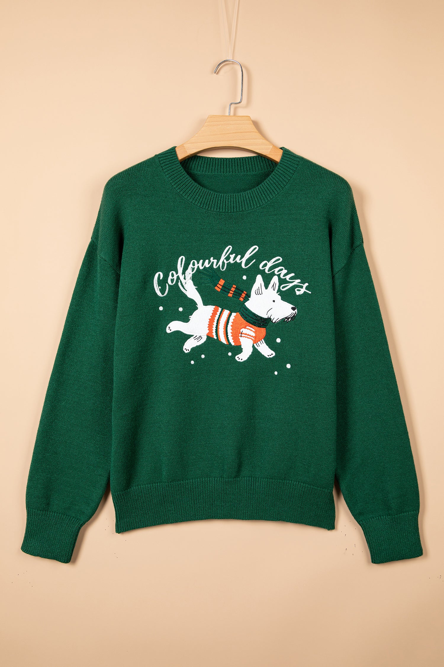 Dark green “colourful days” sweater with white dog graphic on wooden hanger.