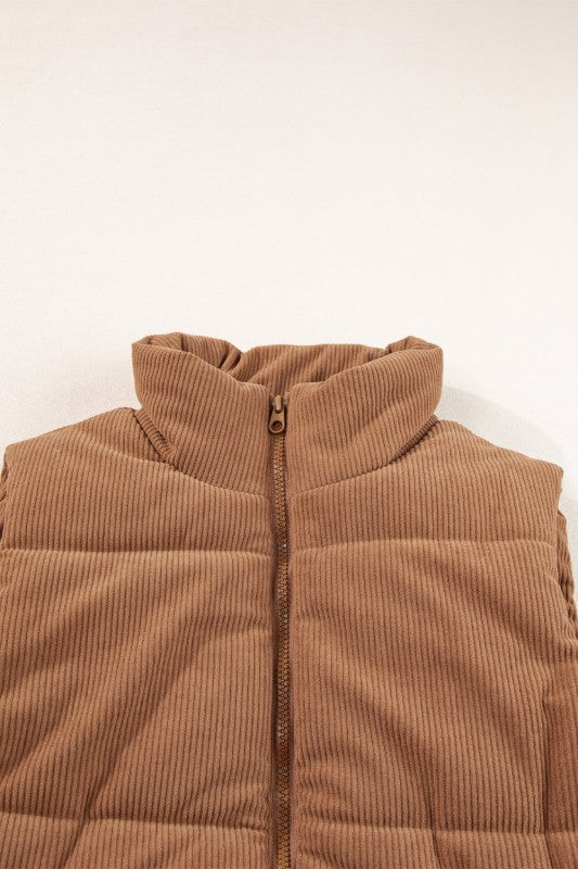 Women’s Corduroy Zipper Stand Collar Neck Puffer Vest Jacket | Zarnesh