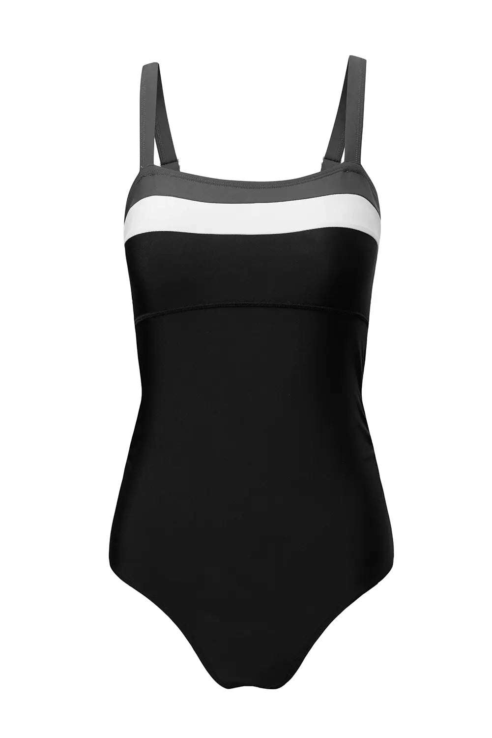 A black one-piece swimsuit with a wide white band and dark gray shoulder straps, displayed against a solid white background.