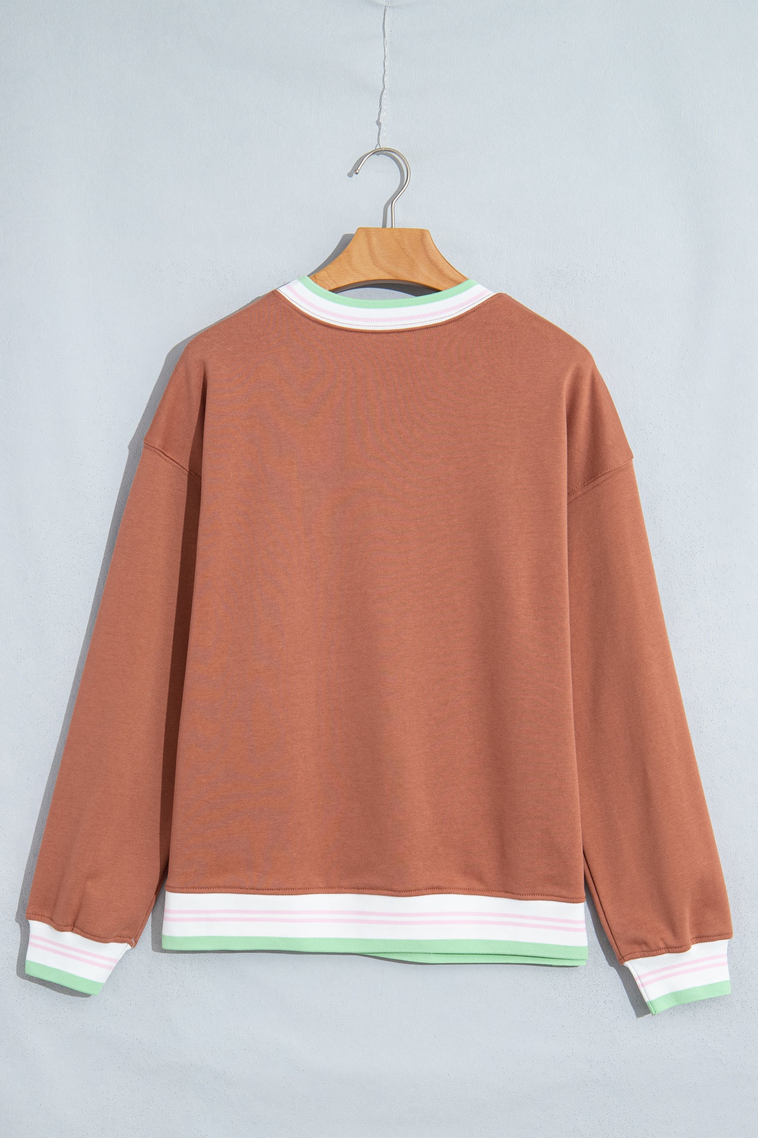 A terracotta-colored long-sleeve crewneck sweatshirt hanging
