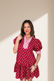 Contrasted Floral V-Neck Bubble Sleeve Mini Dress | Zarnesh