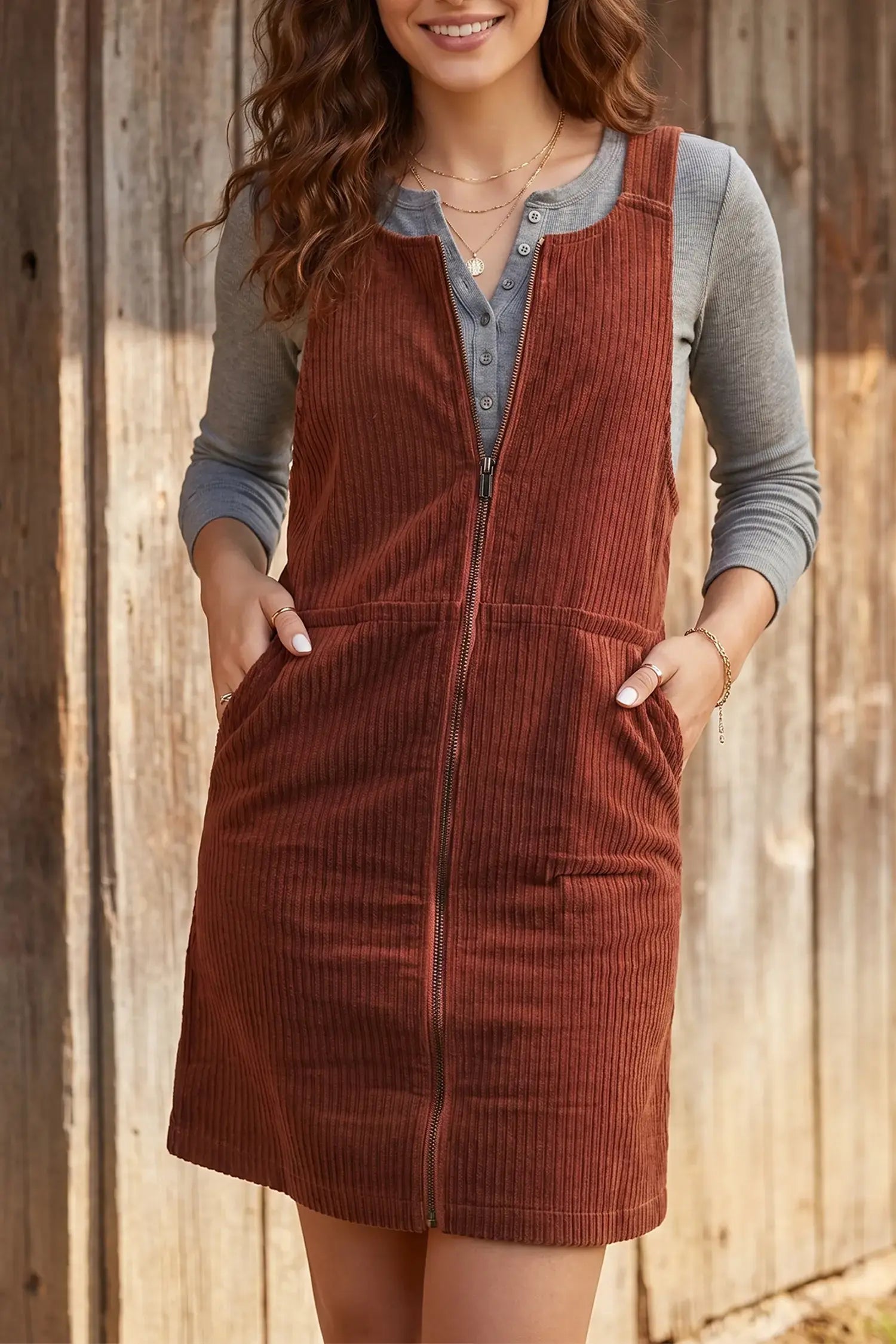 A woman wearing a rust-brown corduroy pinafore dress over a gray long-sleeve henley shirt, standing in front of a rustic wooden fence.
