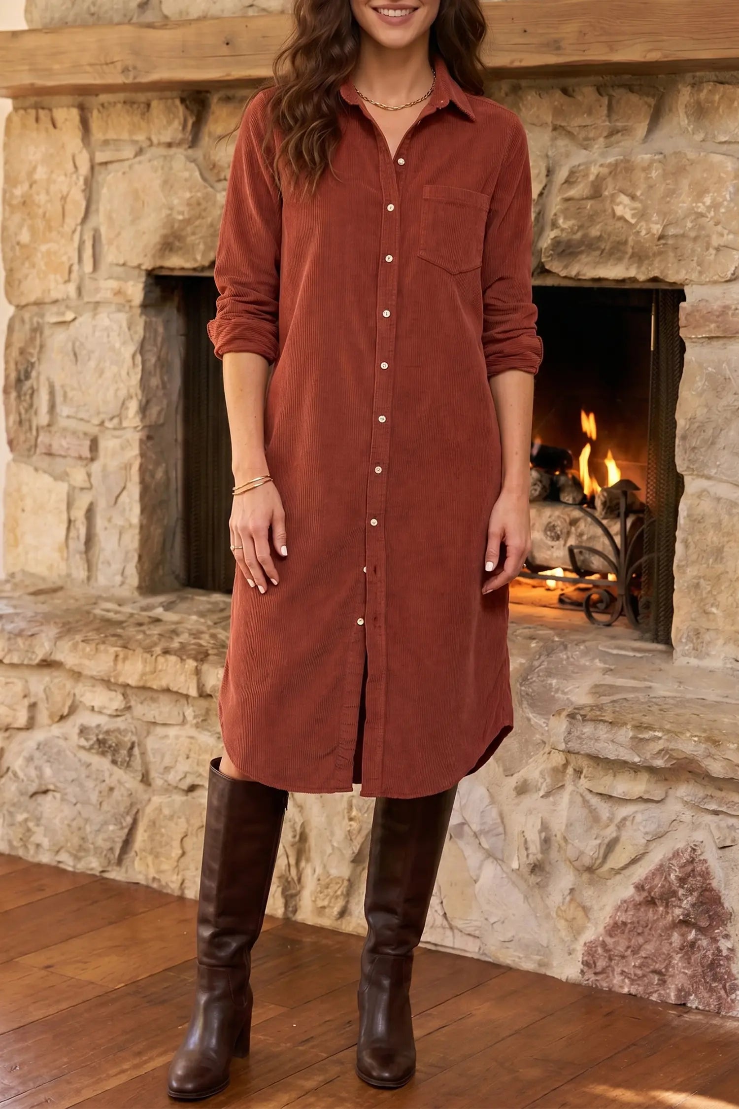 Corduroy Button Front Midi Dress with Pocket | Zarnesh