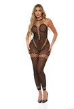 Woman wearing a black fishnet bodystocking on a white background