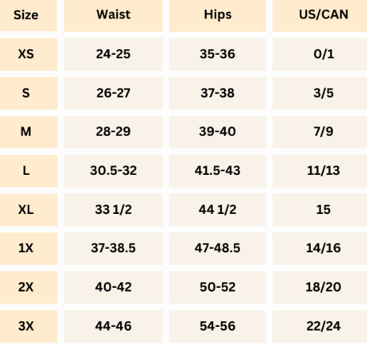 A size chart table showing waist, hips, and US/CAN measurements by size from XS to 3X.