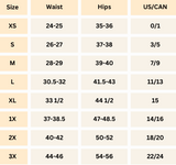 A size chart table showing waist, hips, and US/CAN measurements by size from XS to 3X.