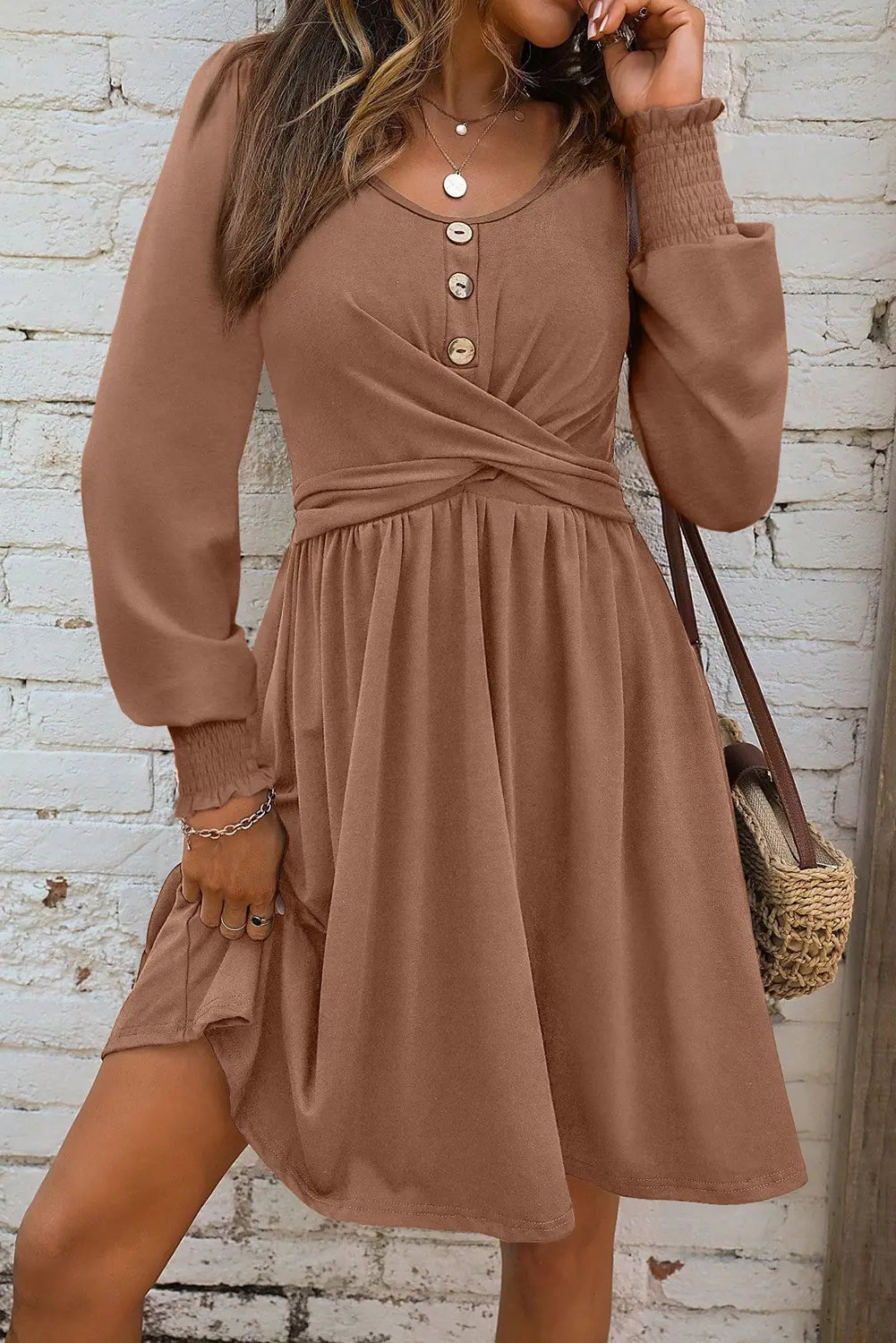 Crossover Twist Waist Shirred Cuff Mini Dress | Zarnesh
