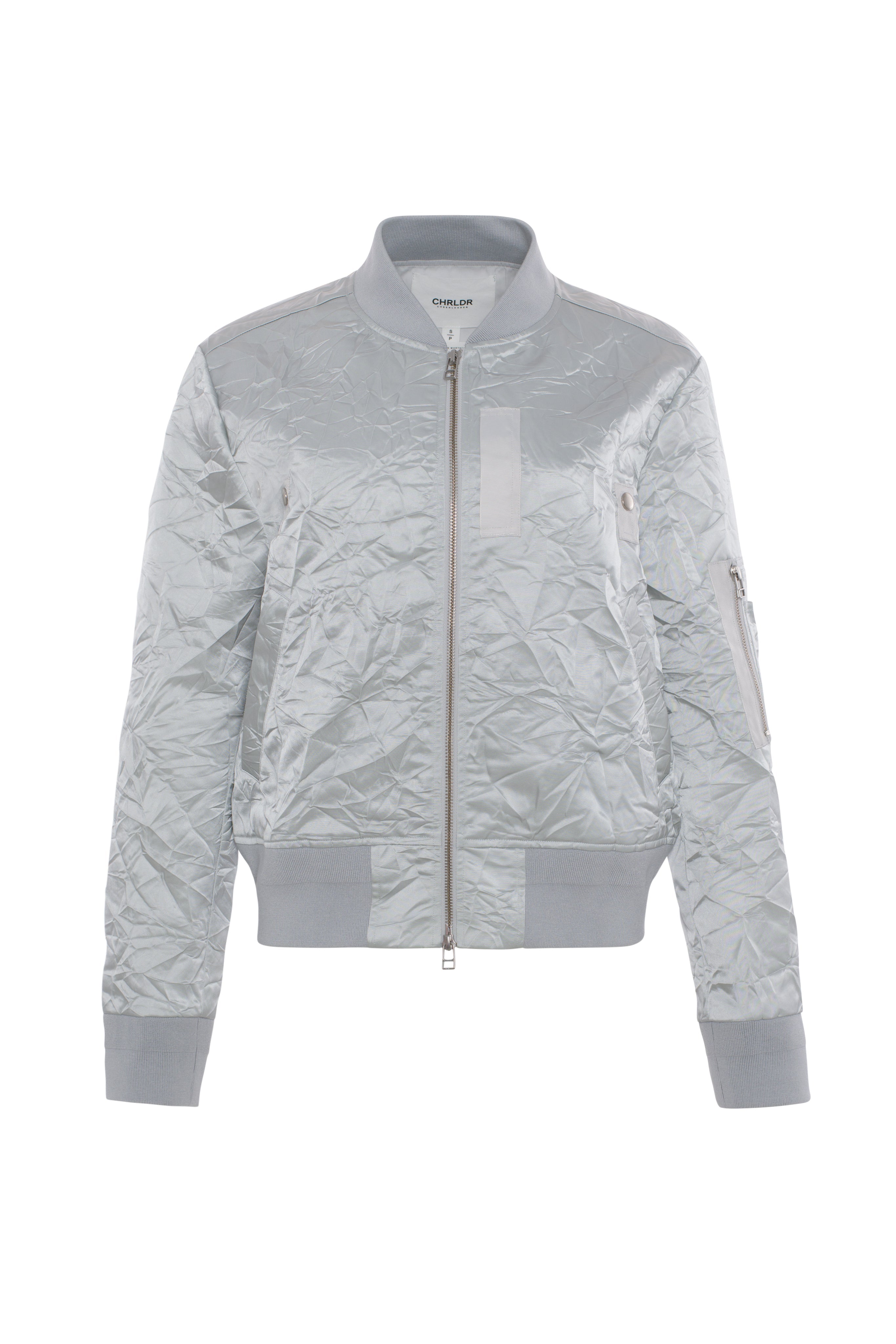 Light gray quilted bomber jacket on a white background
