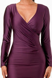 Women Long Sleeve Full Length Shiny Tricot Overlap Long Dress Zarnesh
