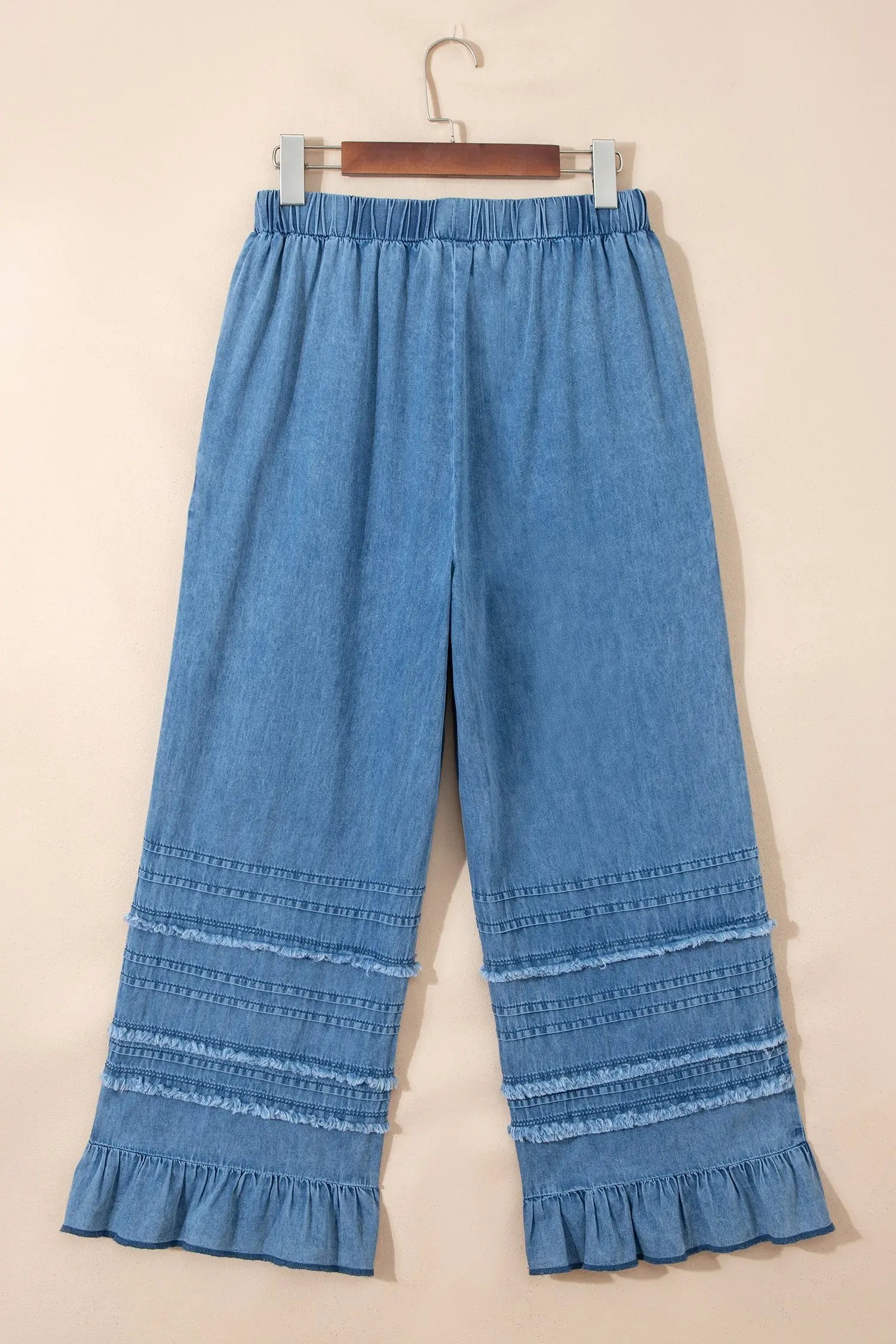 Denim Ruffled Hem Wide Leg Chambray Pants | Zarnesh