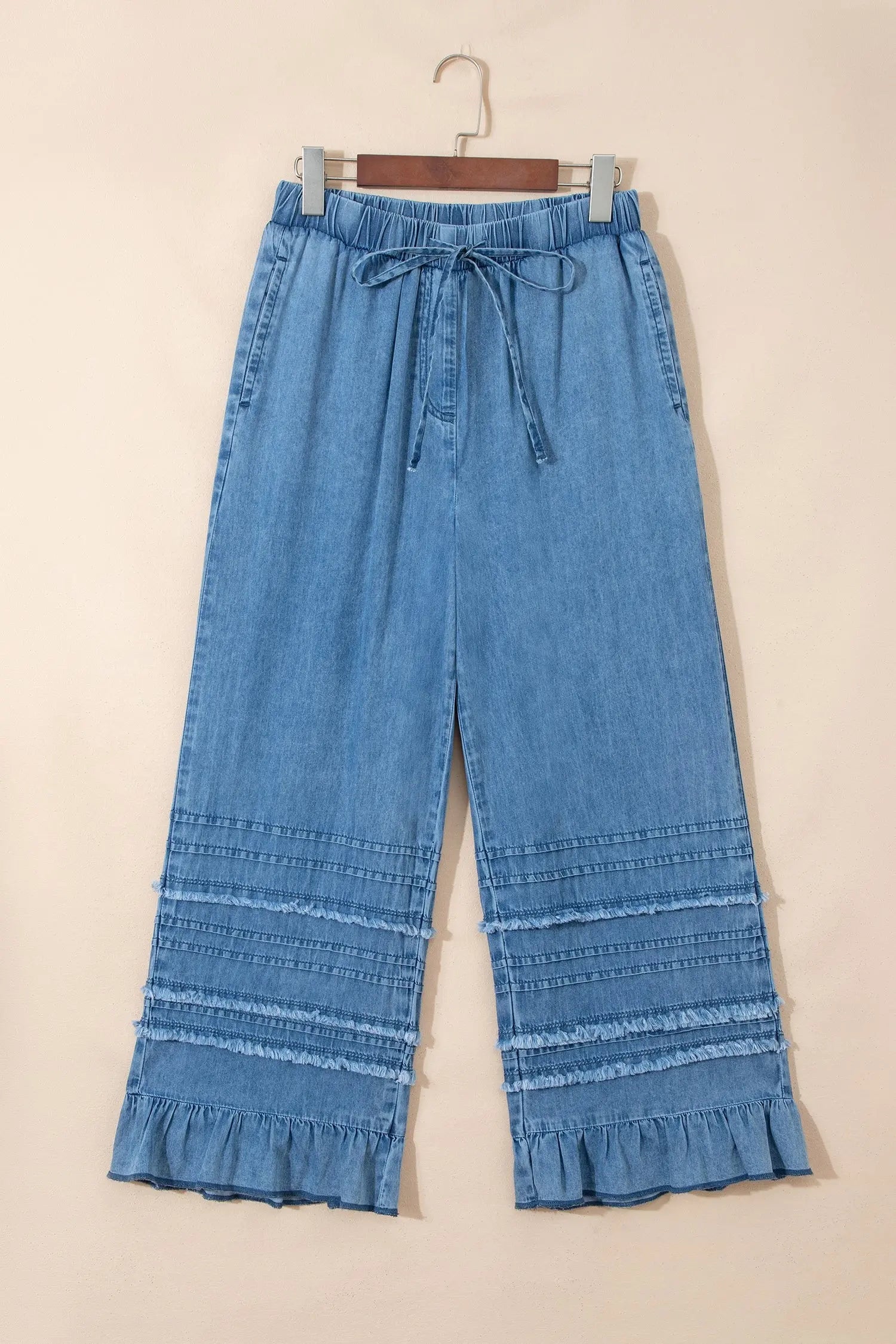 Denim Ruffled Hem Wide Leg Chambray Pants | Zarnesh