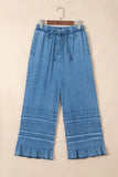 Denim Ruffled Hem Wide Leg Chambray Pants | Zarnesh