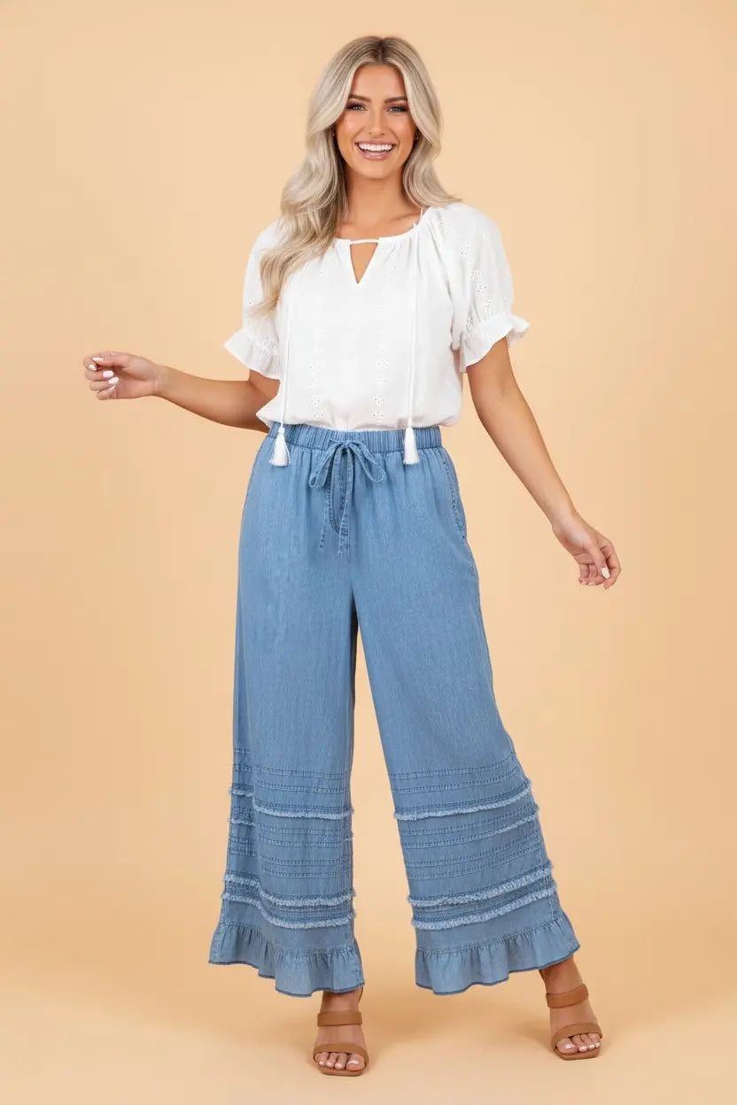 Denim Ruffled Hem Wide Leg Chambray Pants | Zarnesh