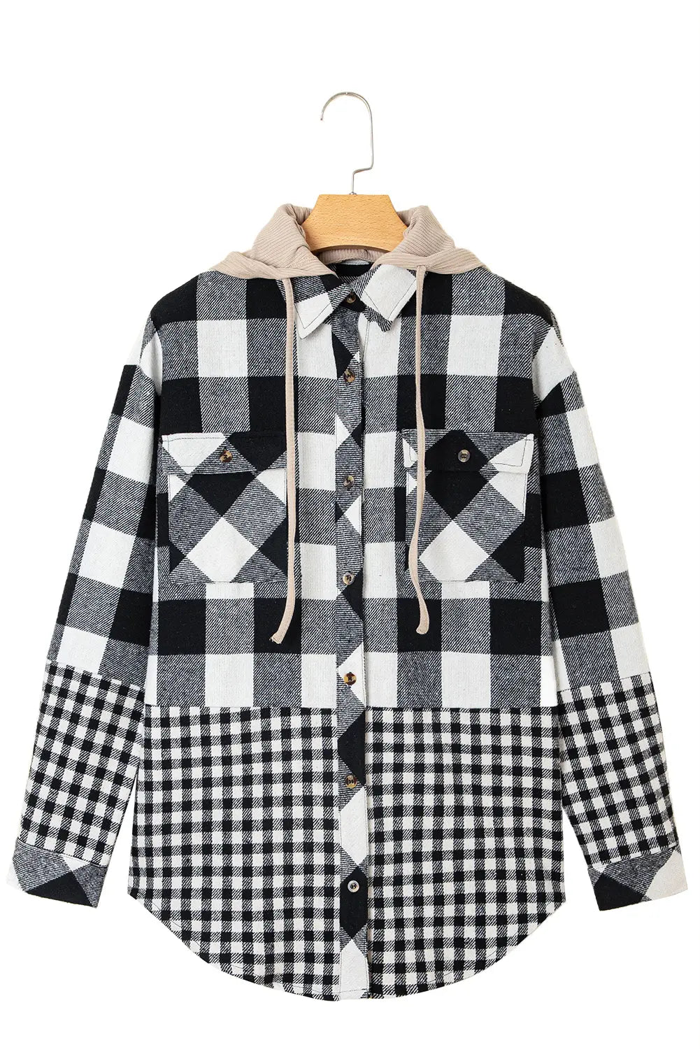 Black and white checkered shirt with a hood on a hanger against a white background