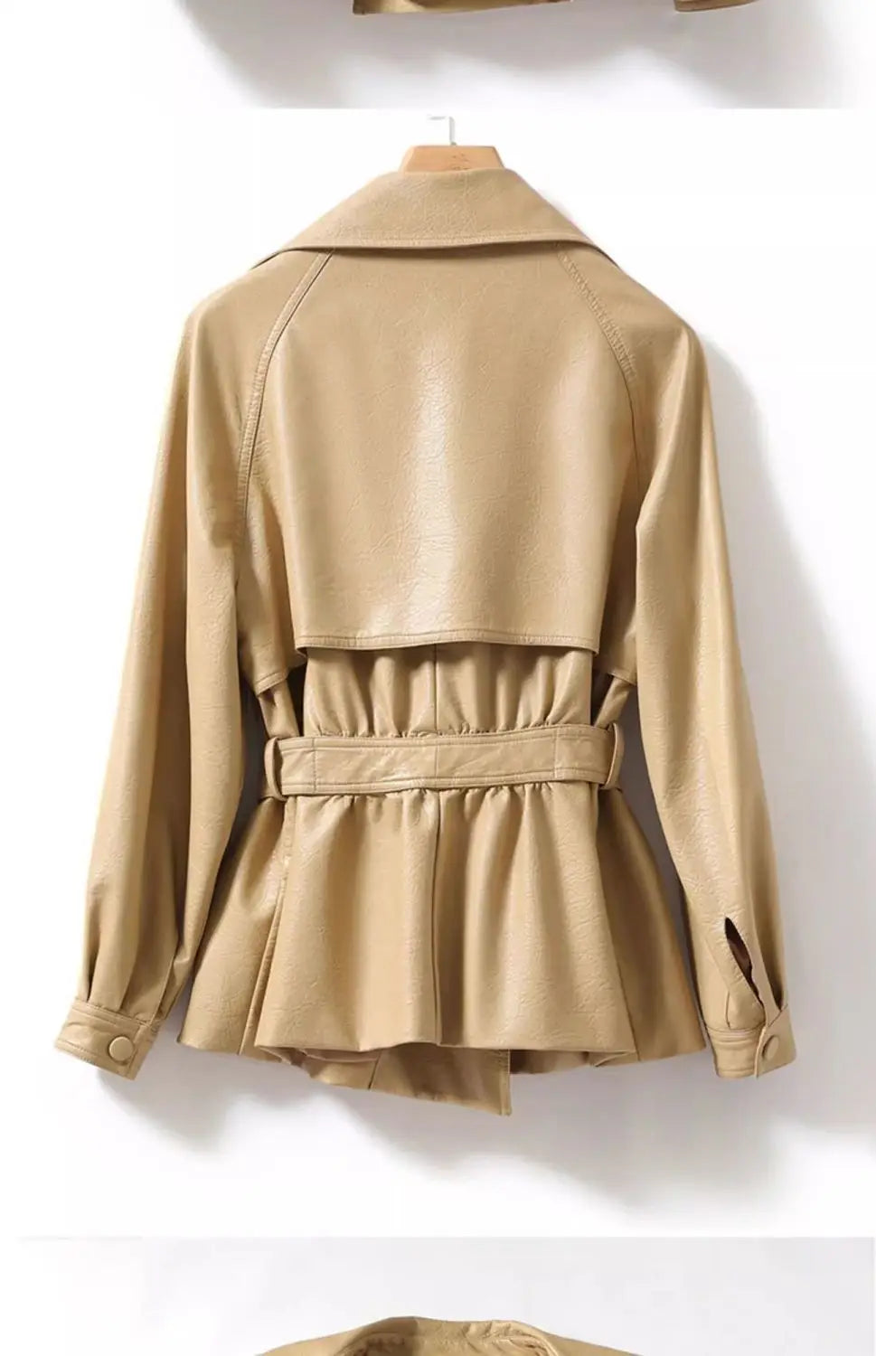 Beige trench coat on a mannequin against a white background