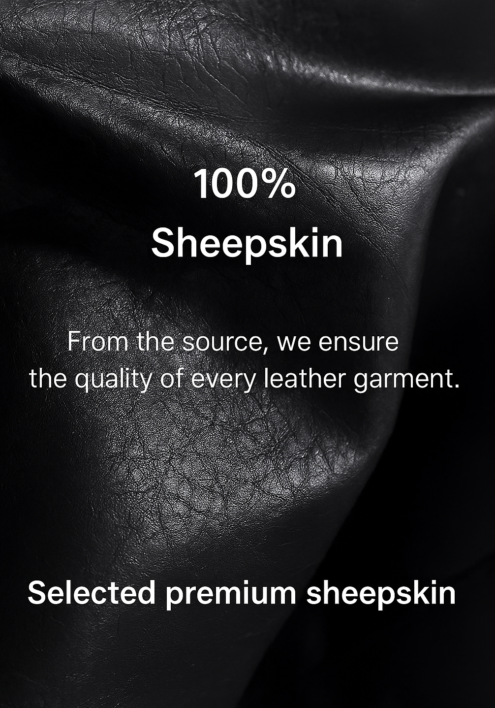 Close-up of sheepskin leather with text highlighting 100% sheepskin quality assurance.