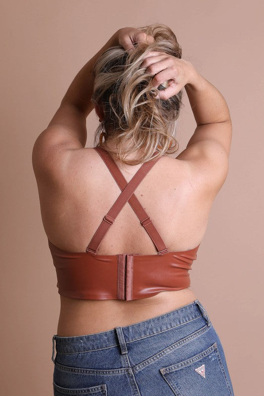 Women Plus Faux Leather Eye Hook And Closure Longline Bralette Zarnesh