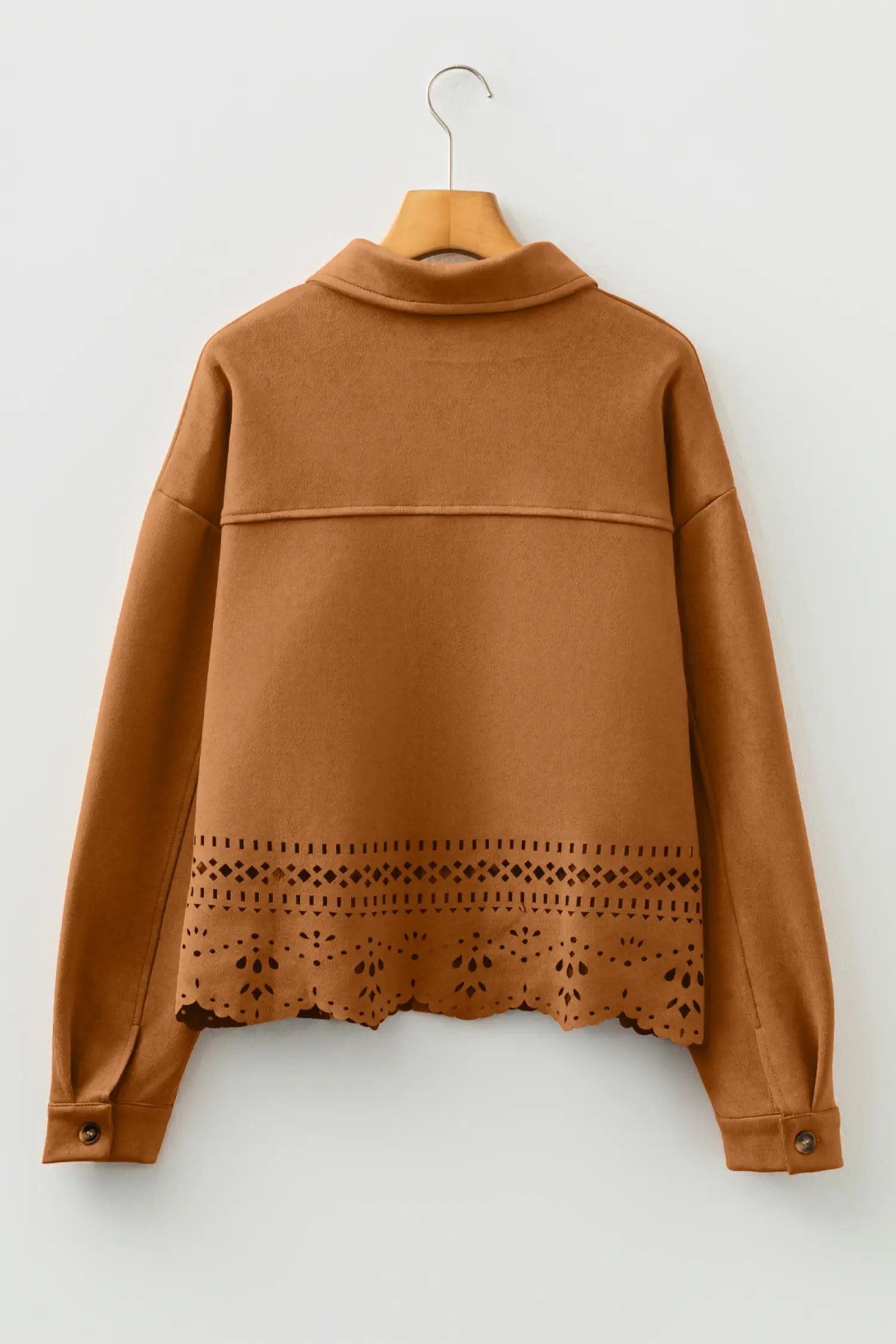 Faux Suede Laser Cut Hollowed Retro Shacket | Zarnesh
