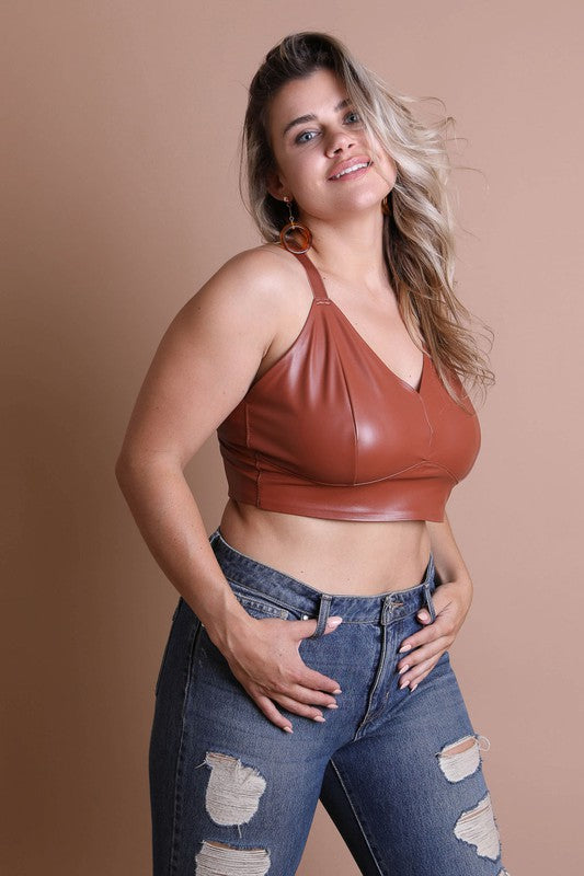 Women Plus Faux Leather Eye Hook And Closure Longline Bralette Zarnesh