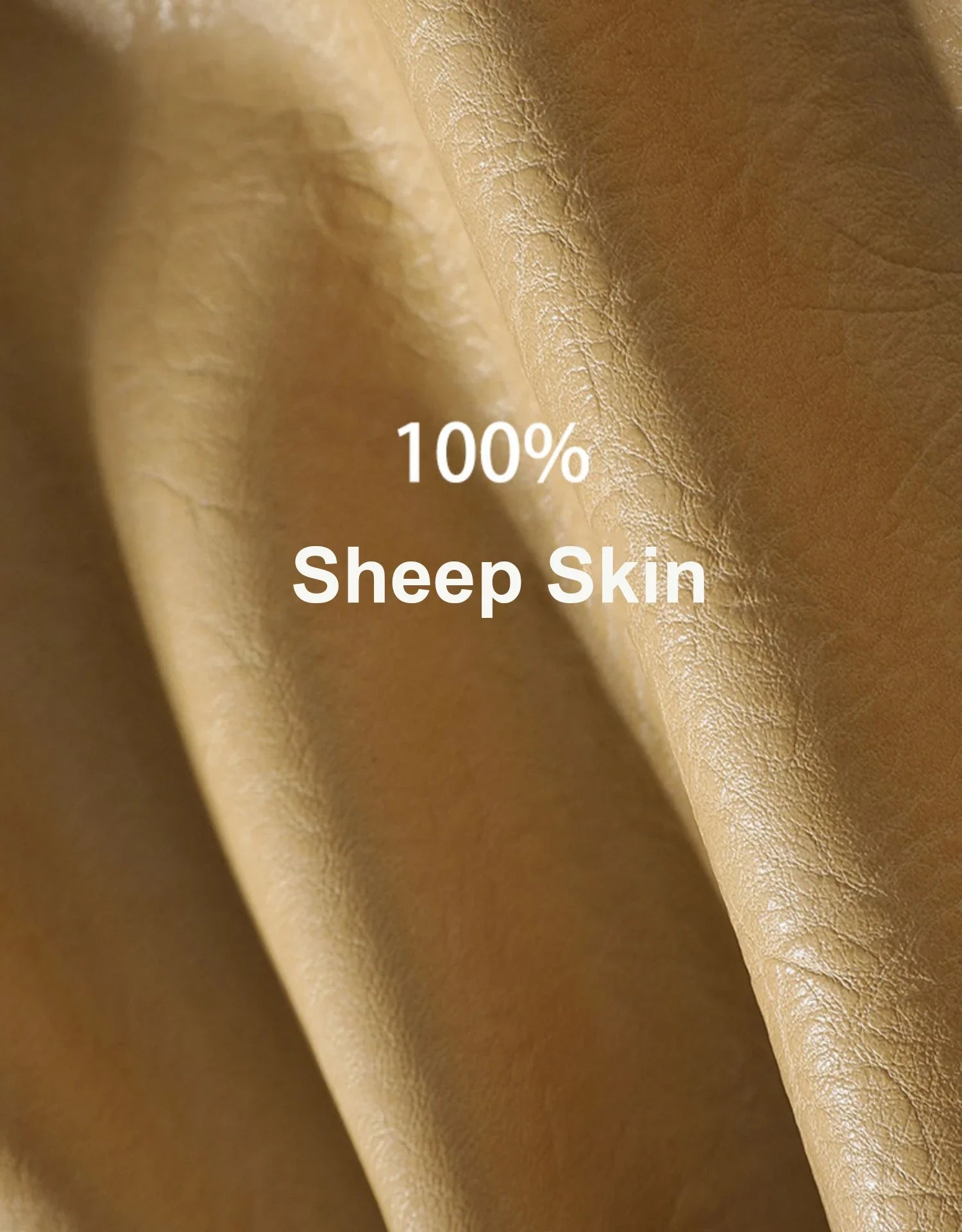 Close-up of sheepskin with '100% Sheep Skin' text overlay