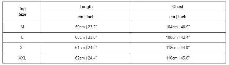 Table displaying clothing size chart with length and chest measurements in centimeters and inches.
